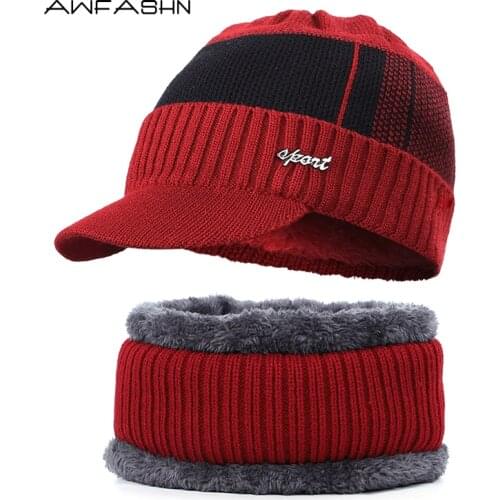 2019 New Mens High Quality Winter Knit Beanie Scarf 2 Pieces Set Women Men Plus Velvet Padded Casual Hat Scarves Balaclava Cap