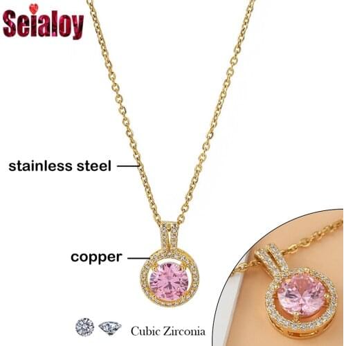 High Quality Stainless Steel Chain Pink Crystal Pendant Necklace For Women Original Golden Cubic Zirconia Charm Necklace Gift