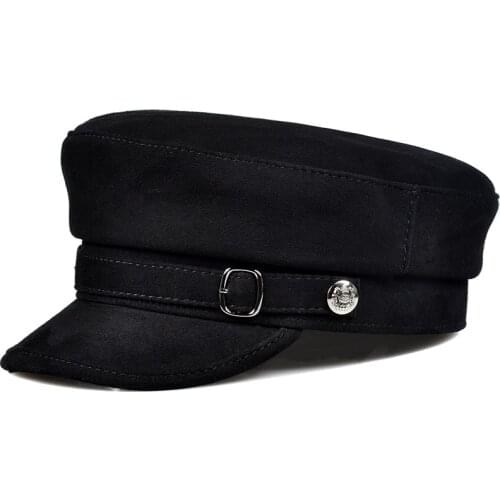 South Korean Fashion ACC Unisex Genuine Leather Suede Flat-topped Militar Hats Men Women Navy Caps Student Street Black Gorra