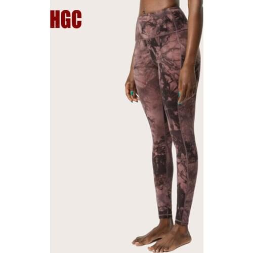 HGC Women Gym Leggings High Waist Elastic Fitness Yoga Pants Pocket Sportswear Tie Dye Printed Workout Running Sexy Sport Tights