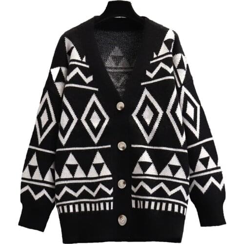 Retro Sweater Jacket Women Spring Autumn Loose Outer Wear Thick Knitted Cardigan Oversized Black White