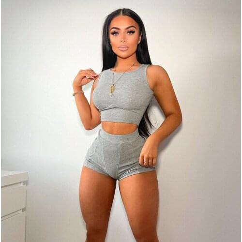 Womens Spring Solid Color Round Neck Sleeveless Vest T-Shirt Slim Threaded Shorts Suit