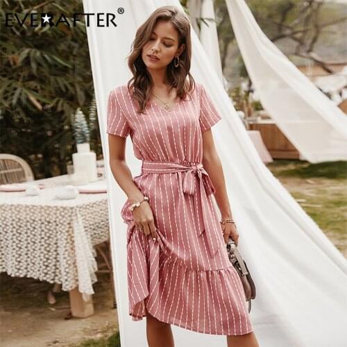 EVERAFTER Summer women striped dress v-neck short sleeve sashes high waist ruffles dress 2020 Elegant loose chic holiday dresses