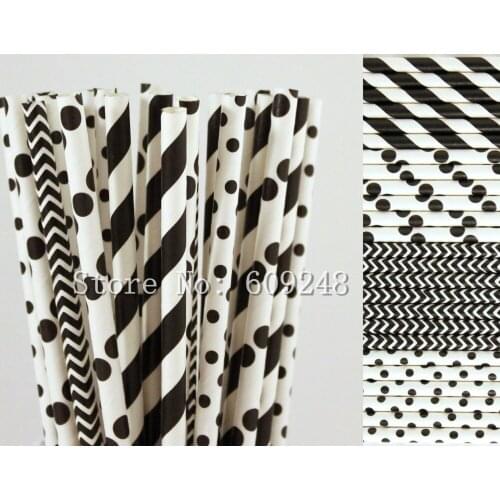 100pcs Drinking Paper Straws Mix,Navy and Red Striped,Black Striped,Polka Dot,Swiss Dot,Chevron,Decorative Halloween Party Cheap