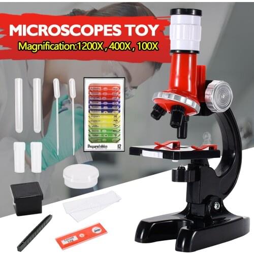 1200X Monocular Biological Microscope Kit with LED Light Prepared Slides Dropper Test Tube for Kids Children Scientific Toy