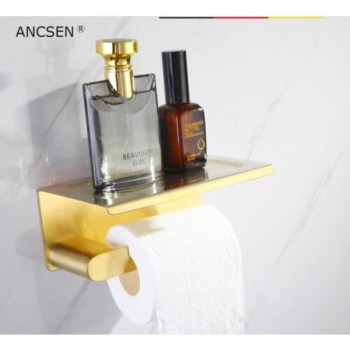 304 Stainless Steel Brushed Gold Wall Mount Toilet Paper Holder With Phone Shelf Bathroom Tissue Holder Toilet Paper Roll Holder