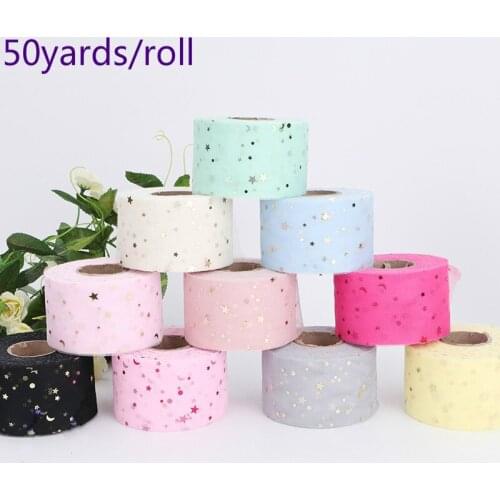 50Yard 5.5cm Gold Star Tulle Mesh Fabric Ribbon Roll Tutu Baby Show Ribbon for DIY Crafts Gift Wedding Birthday Party Decoration