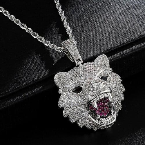 AAA CZ Stone Paved Bling Iced Out Wolf Head Pendants Necklace for Men Rapper Jewelry Iced Out Gold Color Animal Shape