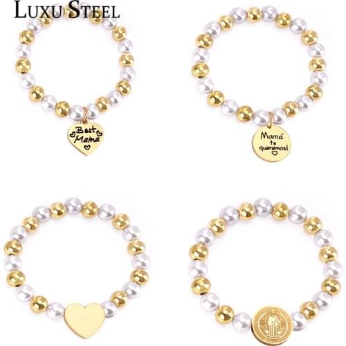LUXUSTEEL beaded bracelets pulsera For Mother Gift Stainless Steel Imitation Pearl Bracelets Bangles Fashion Heart Pendants