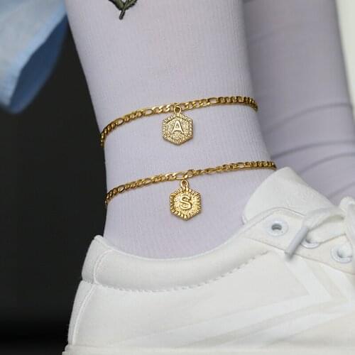Anklets Bracelet for women Girls Figaro Chain Golden Hexagon Boho initial A-Z letter Bracelet on the leg Stainless Steel Jewelry