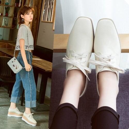 Japanned leather square toe brogue shoes woman creepers muffin lace-up flats solid casual platform shoes wedges brief footwear