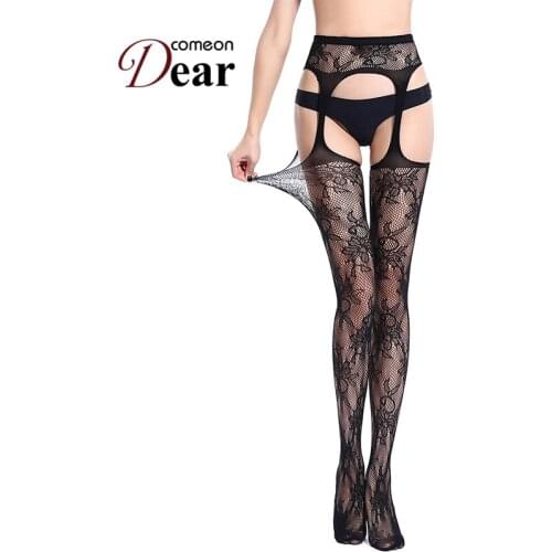 Comeondear Tights Sexy Crotchless Fishnet Pantyhose Embroidery Floral Black Pantyhose Women High Waist Strumpfhose HB3373