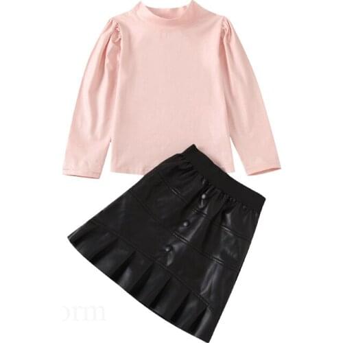FOCUSNORM Autumn Toddler Baby Girls Clothes Sets 1-6Y Long Puff Sleeve Pullover Tops PU Leather Skirts 2pcs