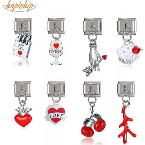 Hapiship 2021 New Original Daisy Heart Wine Love Cake Charm Links Fit 9mm Bracelet Stainless Steel Jewelry Making DJTop7