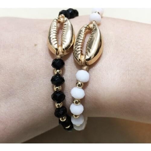 KBJW Original Jewelry Black Rosary Beads Bracelet White Crystal Beads Gold Color Shell Charm Handmade Bracelet for Women Gift