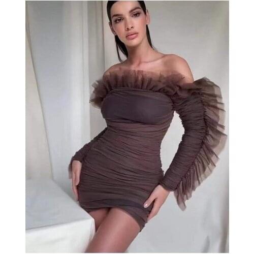 Summer High Quality Womens Mesh Brown Sexy Strapless Backless Pleated Celebrity Party Bandage Dress