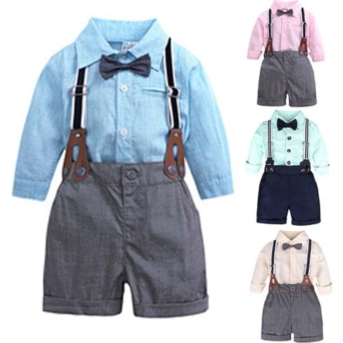 Fashion Toddler Infant Kids Baby Boys Gentleman Clothes Bow Solid Colors Long Sleeve Shirt+Shorts Overalls Party Outfits Set#g4