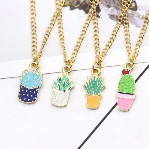 DIY Trendy Plant Pendant Cartoon Cactus Aloe Potted Plant Necklace Gold Chain Necklaces&Pendants For Christmas Gift DropShipping