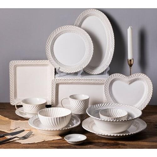 Simple White Ceramic Tableware Bowl Plate Coffee Cup Saucer Set European Soup Plates Solid Color Porcelain Kitchen Utensils