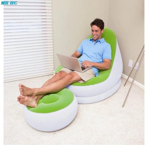 Inflatable Sofa Flocked PVC Lounge Air Chair With Foot Rest Indoor Outdoor Living Room Ottoma Stool Garden Lounger