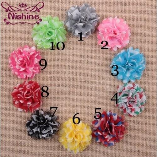 Nishine 30pcs/lot 2" Vintage Artificial Chic Fabric Flowers For Kids Headbands Hair Clips Girls Striped Hair Mesh Satin Flowers