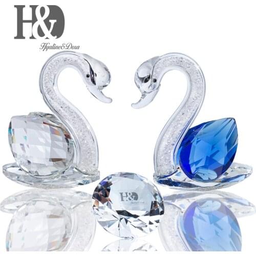H&D Set/2 Crystal Swans Diamond Ornament Art Glass Mini Animal Figurine Set w/ Gift Box Wedding Valentines Day Gift Blue&Clear