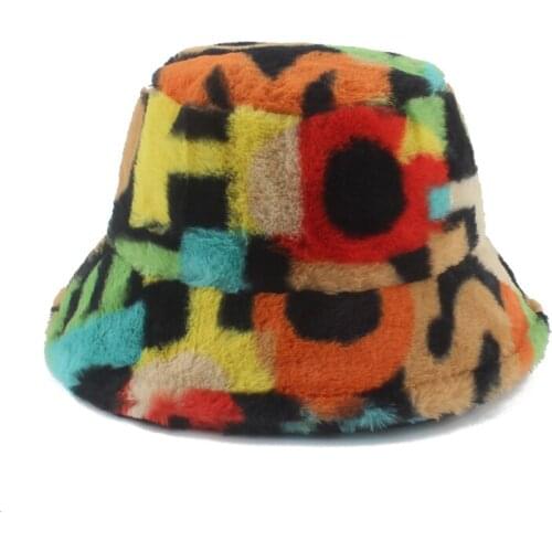 2020 New Outdoor Panama Rainbow Letter Pattern Faux Fur Bucket Hat Women Winter Foldable Fishing Caps Soft Warm Gorros Mujer