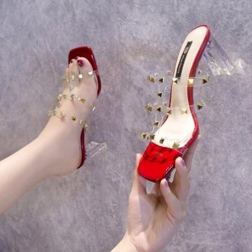 Sexy Transparent PVC 2021 New Rhinestone High-heeled Crystal Shoes Rivets Summer Outside Zapatillas Mujer Casa Ladies Sandals