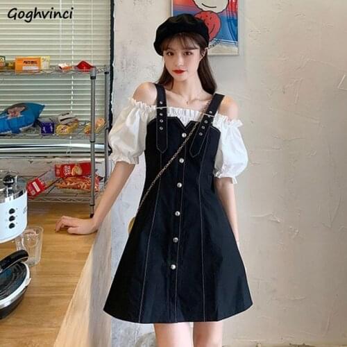 Dresses Women Korean Style A-Line Fake Two Piece Patchwork Puff Sleeve Fresh Elegant Slim Leisure Sundress Retro Slash Ladies
