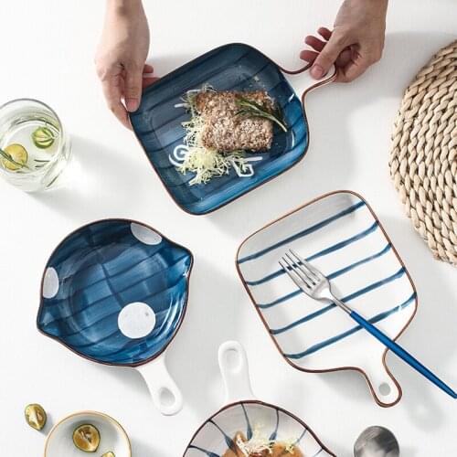 Japanese-style hand-painted baking tray with handle ceramic household tableware baking baking bowl creative plate ins wind dish