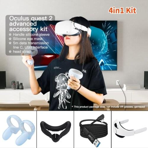 Head Strap+ Dustproof Eye Pad+ Silicone Controller Sleeve Cover+ 5M Nylon Link Cable USB Connector for Oculus Quest 2 Accessory