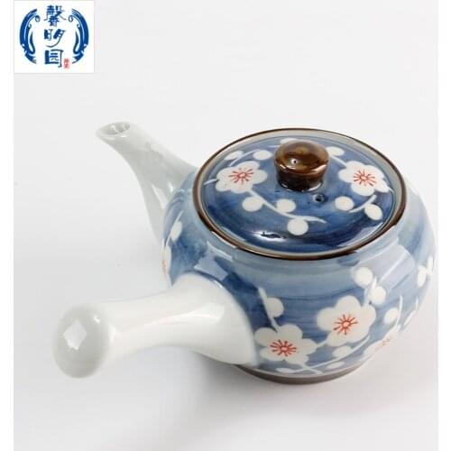 Hand painted underglaze blue and white porcelain Japanese plum blossom side handle pot tea anti scald belt filter teapot teaware