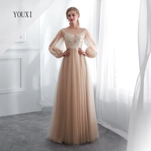 Champagne Prom Dresses 2019 YOUXI Transparent Lace Applique A-line Long Sleeve Floor Length Long Party Evening Formal Gowns