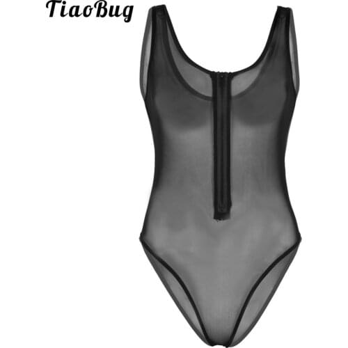 TiaoBug Women One-Piece See Through Sheer Mesh Lingerie Deep U-Neck Sleeveless Front Zippered High Cut Teddy Babydoll Bodysuit