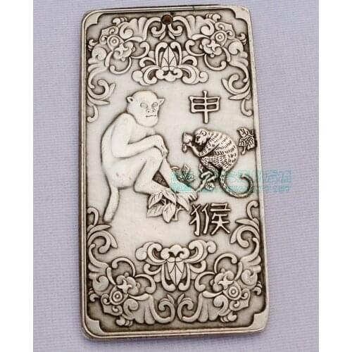 Bulón de plata de Tíbet chino thanka fengshui zodíaco chino mono amuleto COLLAR COLGANTE artesanía de metal