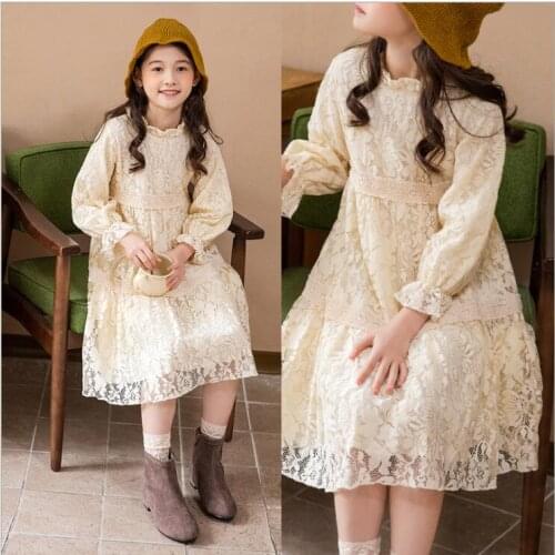 Korea Fashion Girls Dresses 2021 Spring Beige Lace Kids Party Dress Fashion Elegant Princess Clothing Teen 6 8 10 12