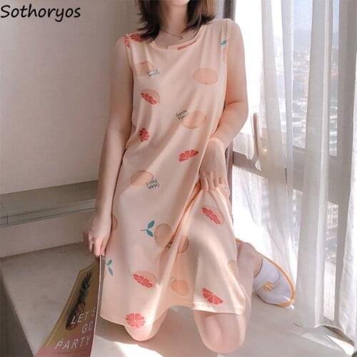 Printed Nightgowns Women Lovely Sleeveless Cozy Loose Hoe Trendy Teenagers Sleepshirts Ulzzang High Quality Females Lounge Chic