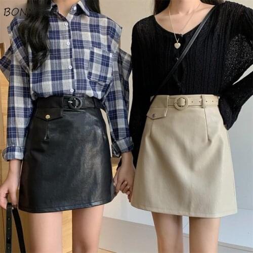 Women Skirts Solid Mini Sashes PU Retro Hong Kong Style Harajuku Buttocks Cool Girl Popular Slim Party All-match Females Summer
