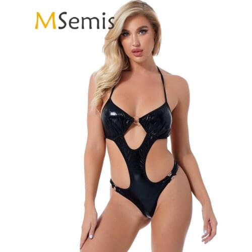 Womens Wet Look Rave Bar Clubwear Lingerie Sexy Bodysuit Patent Leather Playsuit Teddies Halter Lace-up Cutout Swimsuit Swimwear