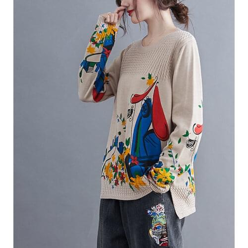 2021 spring new style retro loose large size cotton knit sweater sweater womens printed top bottoming shirt
