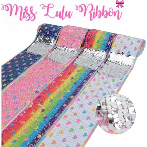 3"75mm Colorful Heart Rainbow Stripe Double Reversible Silver Sequin Ribbon Jeans DIY Valentines Party Gift Bands 46yards/roll