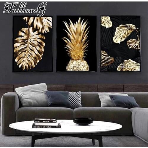 FULLCANG 5d diy diamond embroidery sale golden pineapple leaves diamond painting triptych full square round drill decor FC3348