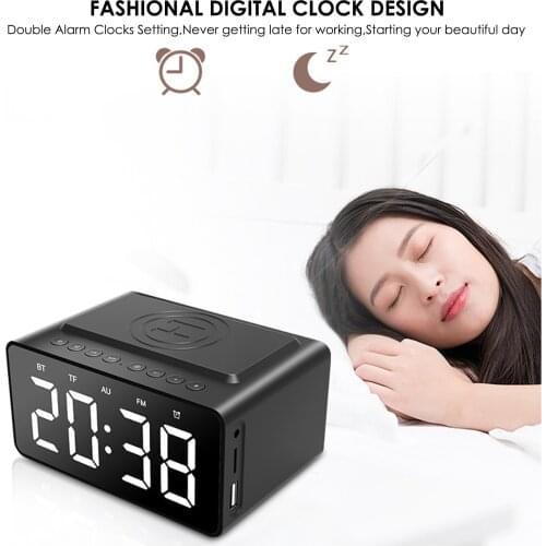 Wireless Charging Bluetooth Alarm Clock Speaker Digital LED Display Phone Subwoofer Speaker FM Radio Mirror Time Display