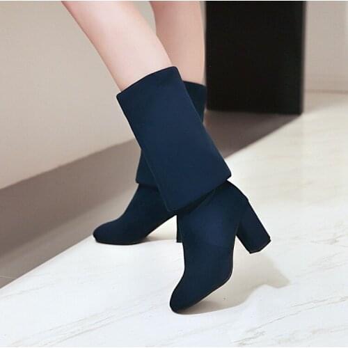 Big Size 11 12 13 14 Euro-American style square-headed thick heel slippery boots with long barrel over knee