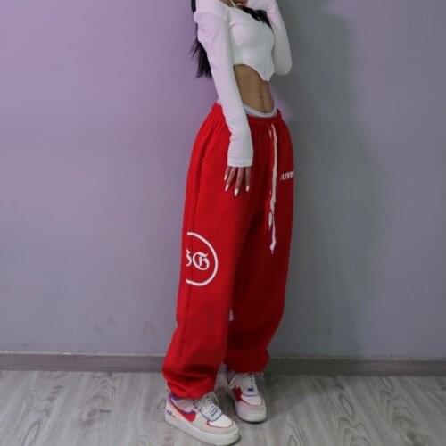 Red sports pants women hip hop loose bundle footprint flower pants Jazz Hip Hop spring and autumn pants streetwear women