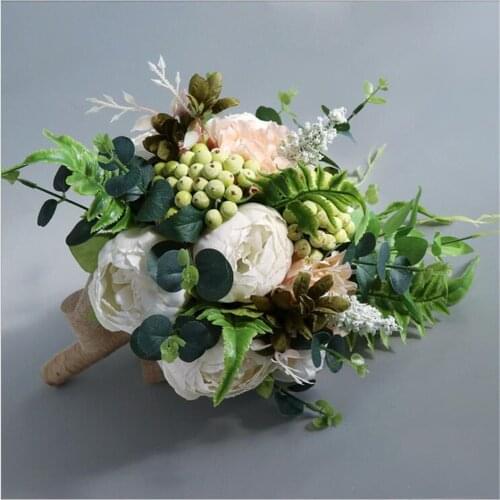 SESTHFAR Bridal Bouquet Peonies Rose Elegant Boho Eucalyptus Wedding Bouquets With Peony Green Bridesmaid Bouquet Flowers