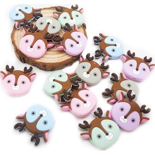 Chenkai 5PCS BPA Free Silicone Deer Head Bead Baby Teething Nacklace Beads For Baby Chewable Dummy Cartoon Pacifier Accessories