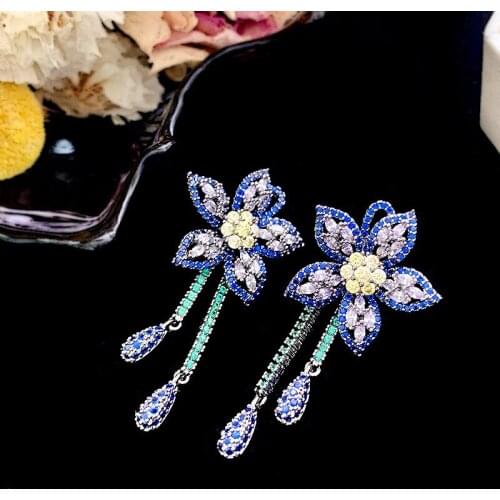 Funmode Purple Flower Micro Cubic Zircon Long Drop Earrings For Women Big Luxury Pendant Earrings for Women Wholesale FE318