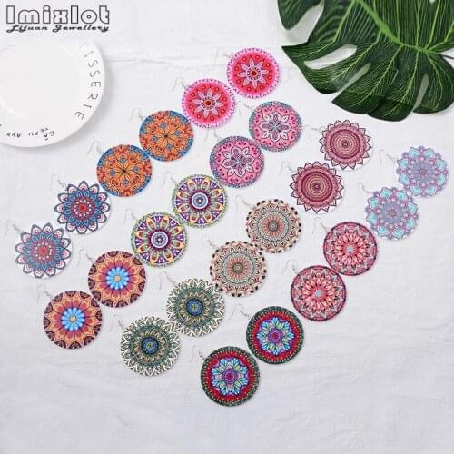 Imixlot Vintage Flower Wood Earrings African Round Drop Earrings For Black Women Afro Wooden Pendant Jewelry Gift