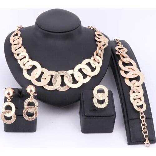 Fashion Jewelry Sets For Women Round Necklace Earrings Ring Bracelet Gold Color Classic Pendant Wedding Dress Accessories